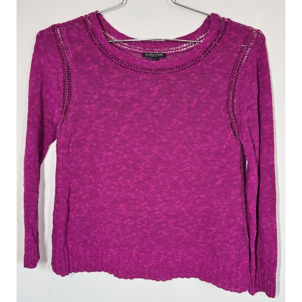 Eileen Fisher Fuchsia Lightweight Open Weave Cropped Linen Sweater Size PL Beach